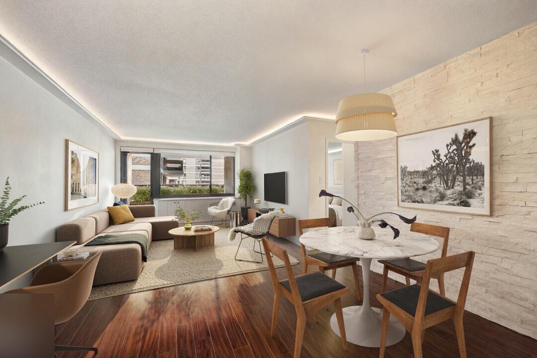 Modern Southbridge living room with a stone-clad accent wall and walnut floors