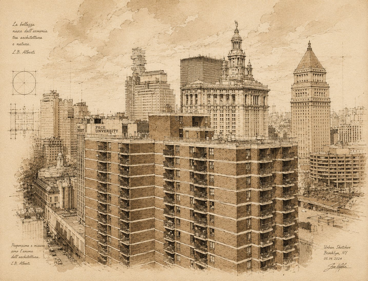 Sepia architectural drawing of Southbridge Towers nested within the Lower Manhattan skyline, with the Municipal Building and Pace University behind